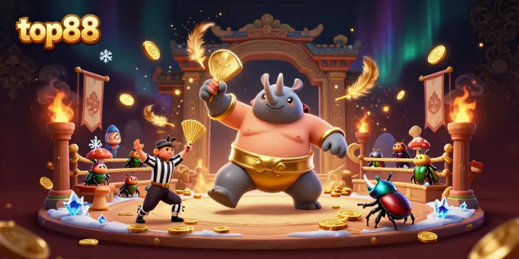 Experience thrilling gameplay with top88, featuring a whimsical scene of a beetle sumo champion in a vibrant casino.