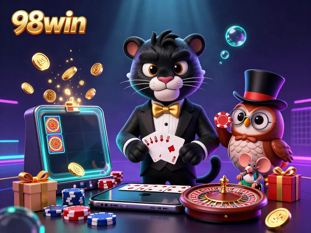 Engage with 98win's vibrant casino scene featuring stylish characters and exciting gaming elements.