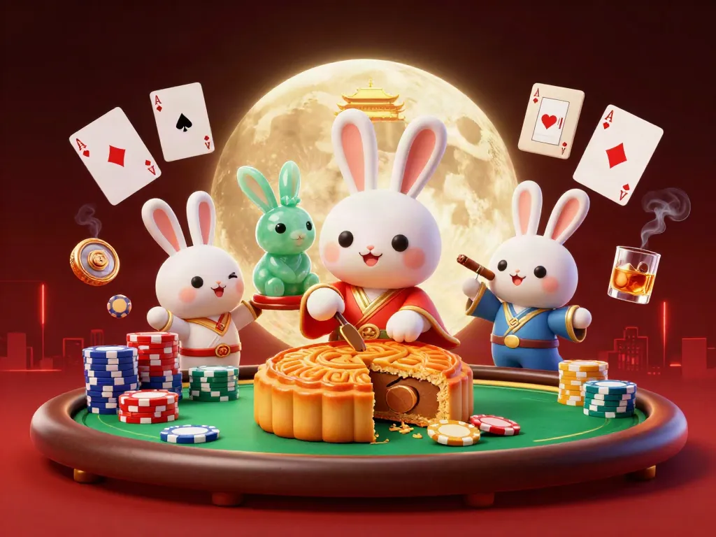 Go88 themed illustration featuring the moon rabbit with poker chips, a jade rabbit, and vibrant casino elements.