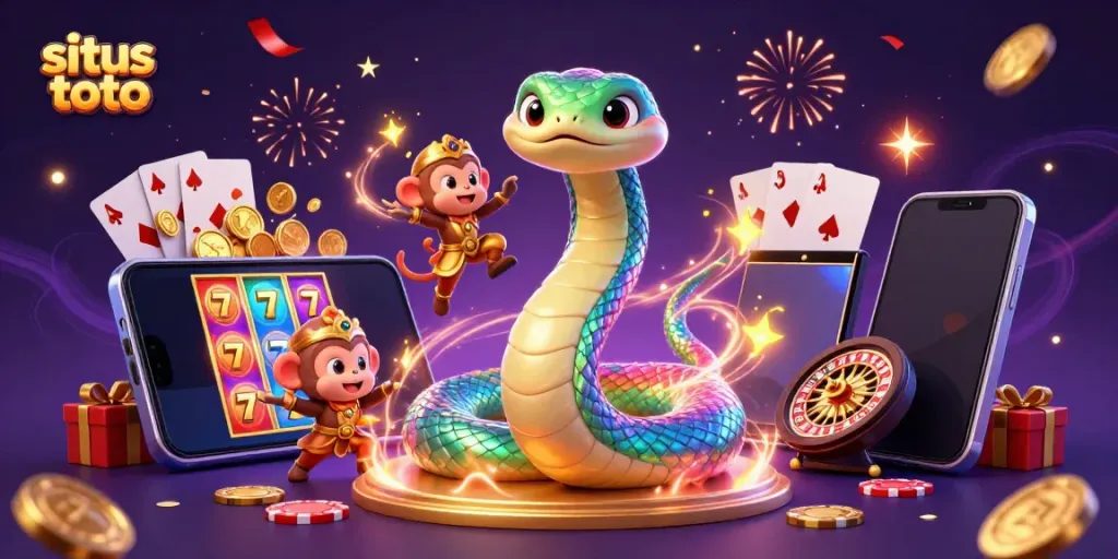 Engage with situs toto in a dynamic 3D casino scene filled with colorful slot games and vibrant characters.