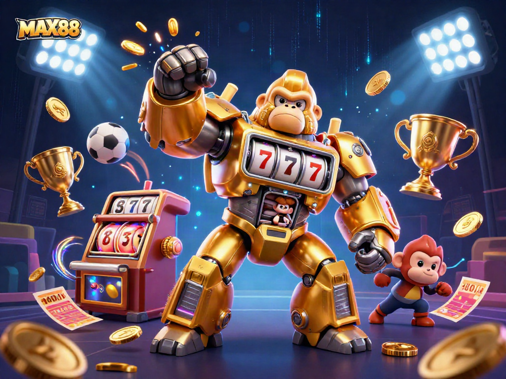 Experience the excitement of MAX88 with a dynamic 3D gaming illustration showcasing thrilling casino elements.
