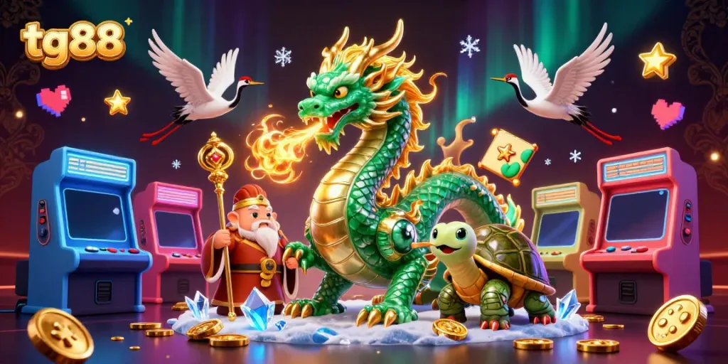 Experience the excitement at tg88 with a jade dragon, arcade games, and glowing coins in action.
