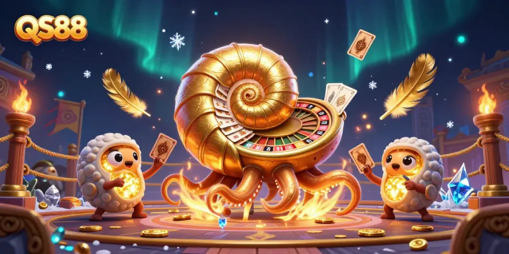 QS88 offers thrilling gameplay with a 3D nautilus roulette wheel and vibrant casino elements.