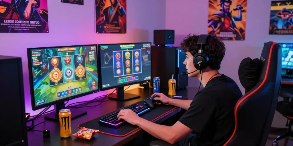 Player enjoying lumbung88 online gaming with vibrant visuals in a dynamic gaming setup.