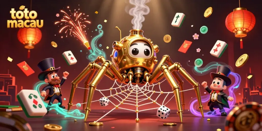 Menangkap peluang dengan toto macau, ilustrasi 3D menyajikan laba-laba steampunk dan gentleman terjebak dalam dunia perjudian.