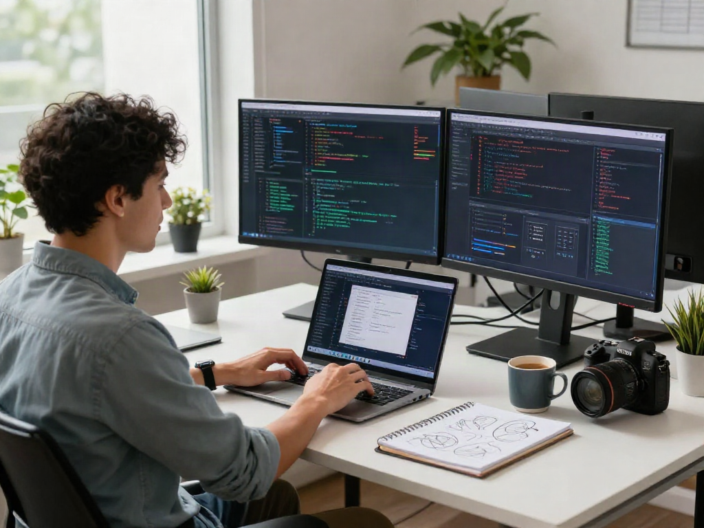 Professional developer coding at modern workspace showcasing istana404 technology insights.