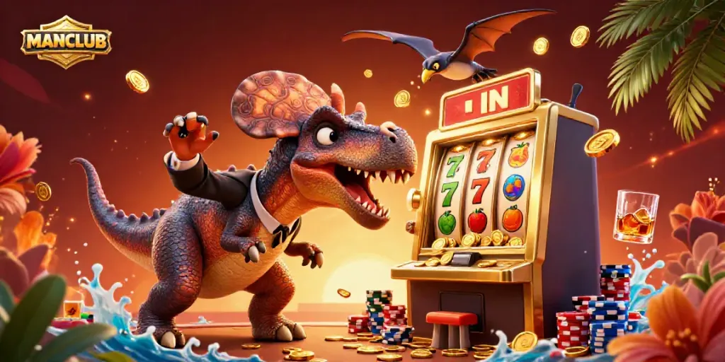 Experience a thrilling jackpot at MANCLUB with a pachycephalosaurus headbutting a slot machine.