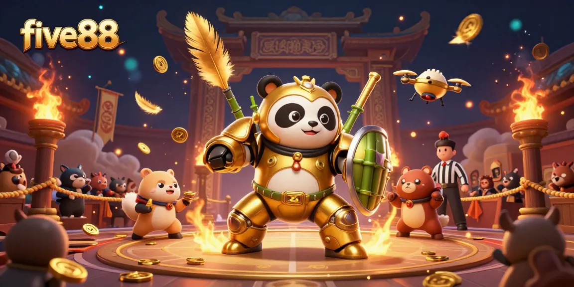 Engage in thrilling five88 action in a vibrant casino arena with a golden panda mech fighting robot.