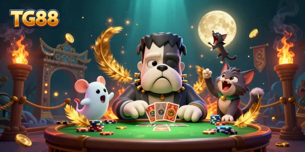 Experience the thrilling atmosphere of TG88 with a 3D cartoon illustration of a bulldog monster and friends at a spooky casino table.