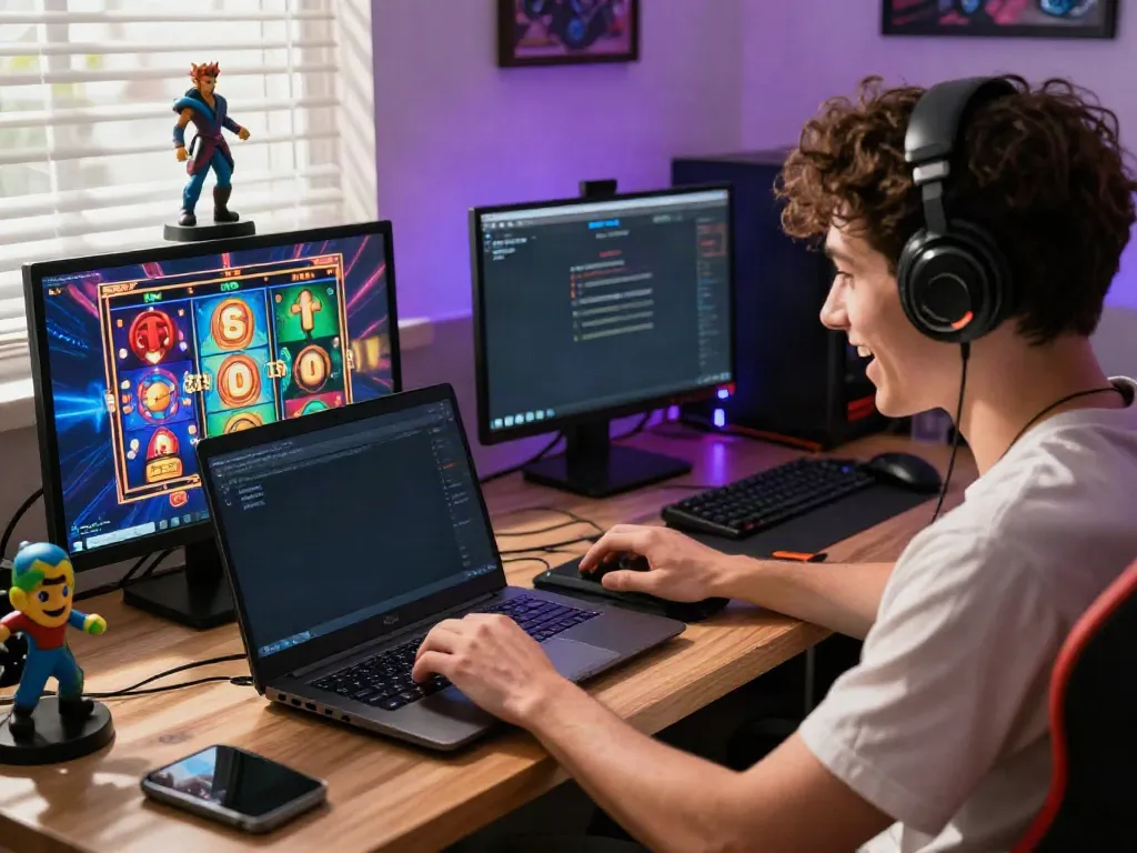 Excited player engaging with online slot games at a vibrant gaming setup
