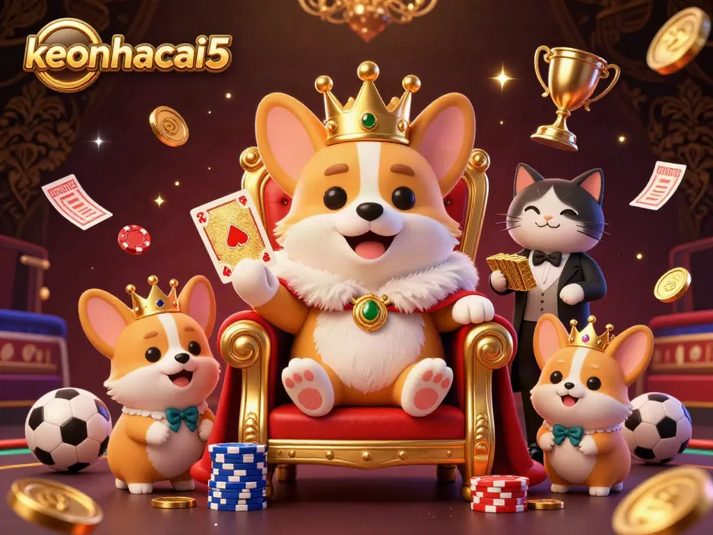 Engage in dynamic sports betting with keonhacai5 showcasing corgis and vibrant betting slips amidst rich casino elements.