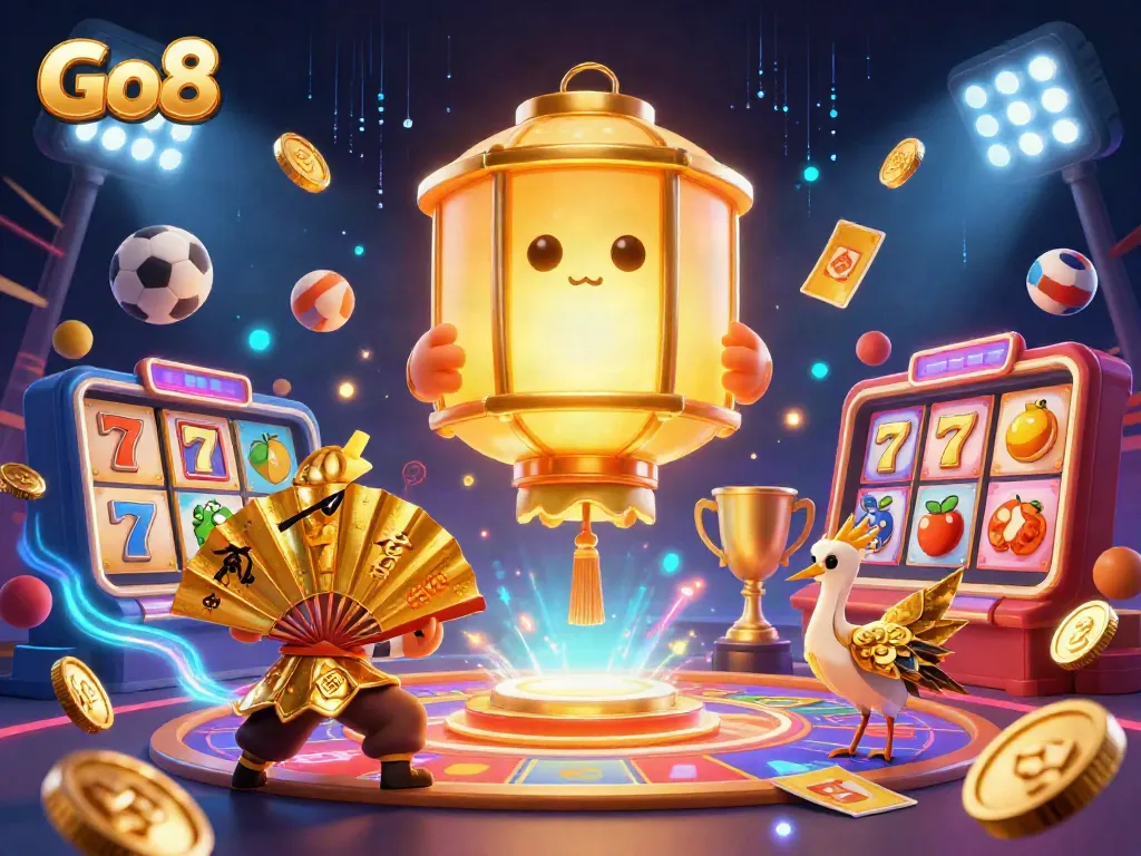 Engage with Go8's vibrant gaming scene featuring a golden lantern spirit amidst thrilling slots and sports elements.
