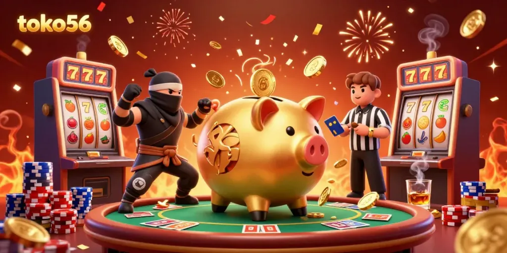 Engage with exciting slot action at toko56 featuring a vibrant scene with a golden piggy bank sumo wrestler.