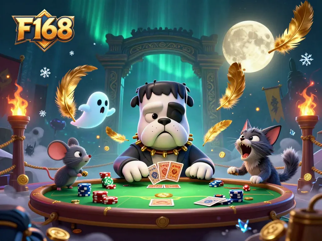 Experience thrilling gameplay with F168 as a Frankenstein bulldog deals cards at a haunted casino table.