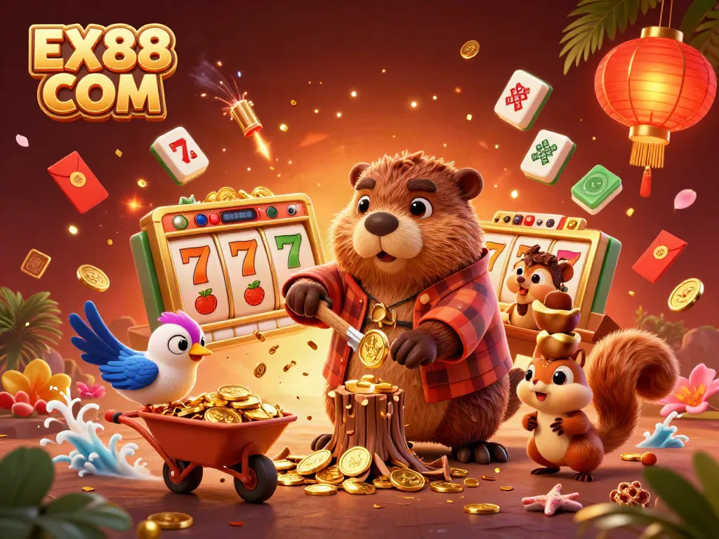 Experience winning moments with EX88 COM as a beaver chops a coin-tree in this vibrant casino scene.