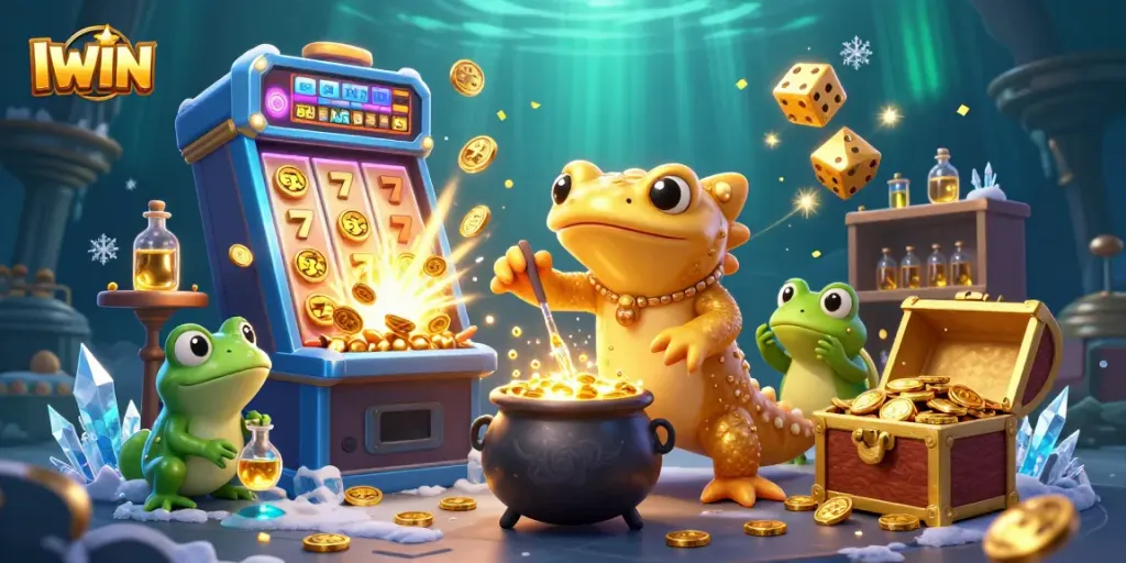 IWIN players enjoy vibrant casino excitement with magical alchemists and slot games bursting with gold.