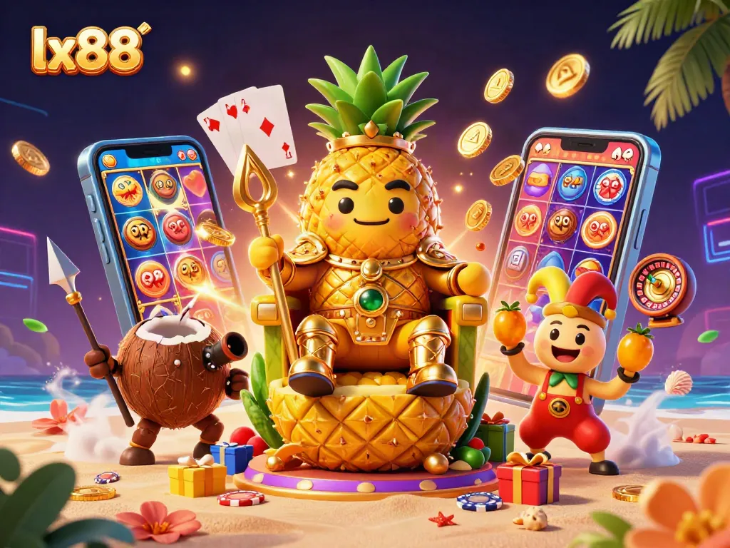 Experience the lx88 thrill with a vibrant casino scene featuring a pineapple king and dynamic slot games.