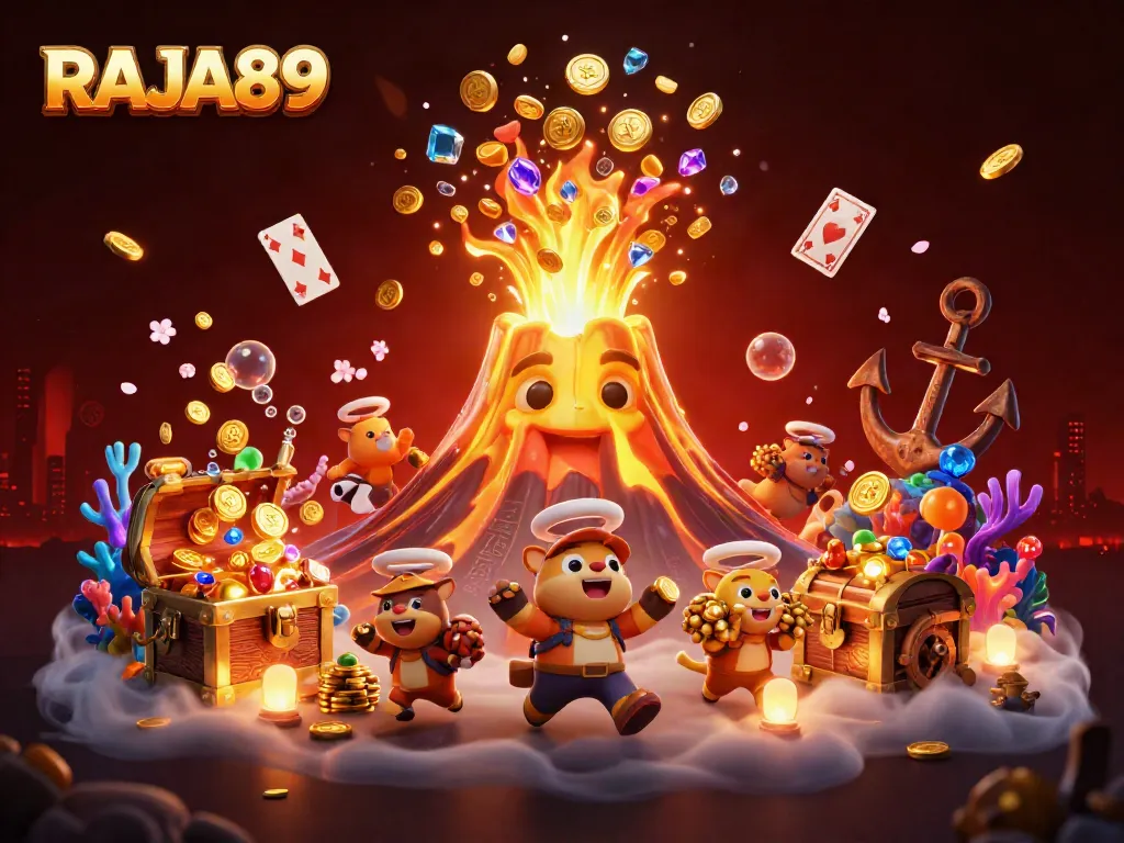 Experience the thrill of winning with RAJA89 as golden treasures erupt from a volcano in a vibrant casino scene.