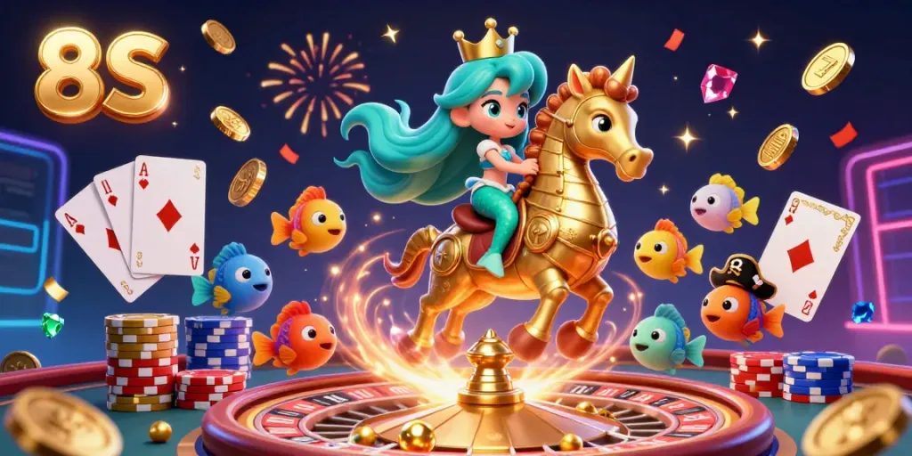 Experience the thrill of 8S as a colorful mermaid princess navigates a vibrant casino scene filled with gems and gold.
