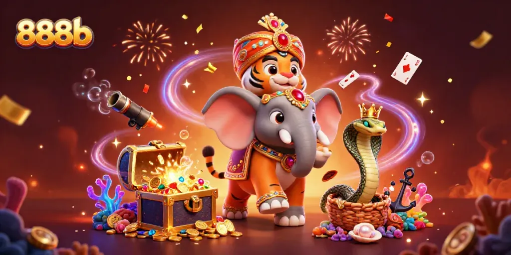 Experience the thrill of 888b with a vibrant 3D cartoon illustration showcasing an elephant, cobra, and treasures.
