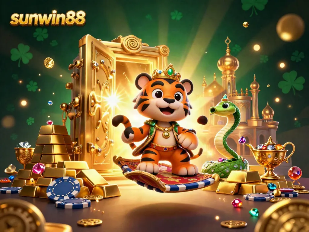 Engage in immersive fun with sunwin88 as a vibrant Arabian-themed casino scene filled with treasure.