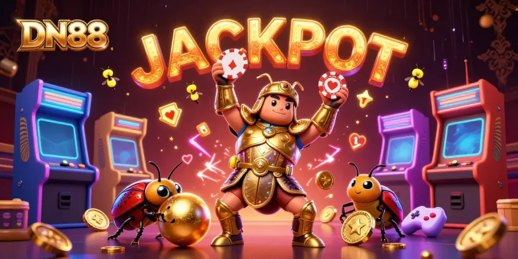 Experience the excitement of DN88 with an illustrated scene featuring vibrant casino elements and beetle characters.
