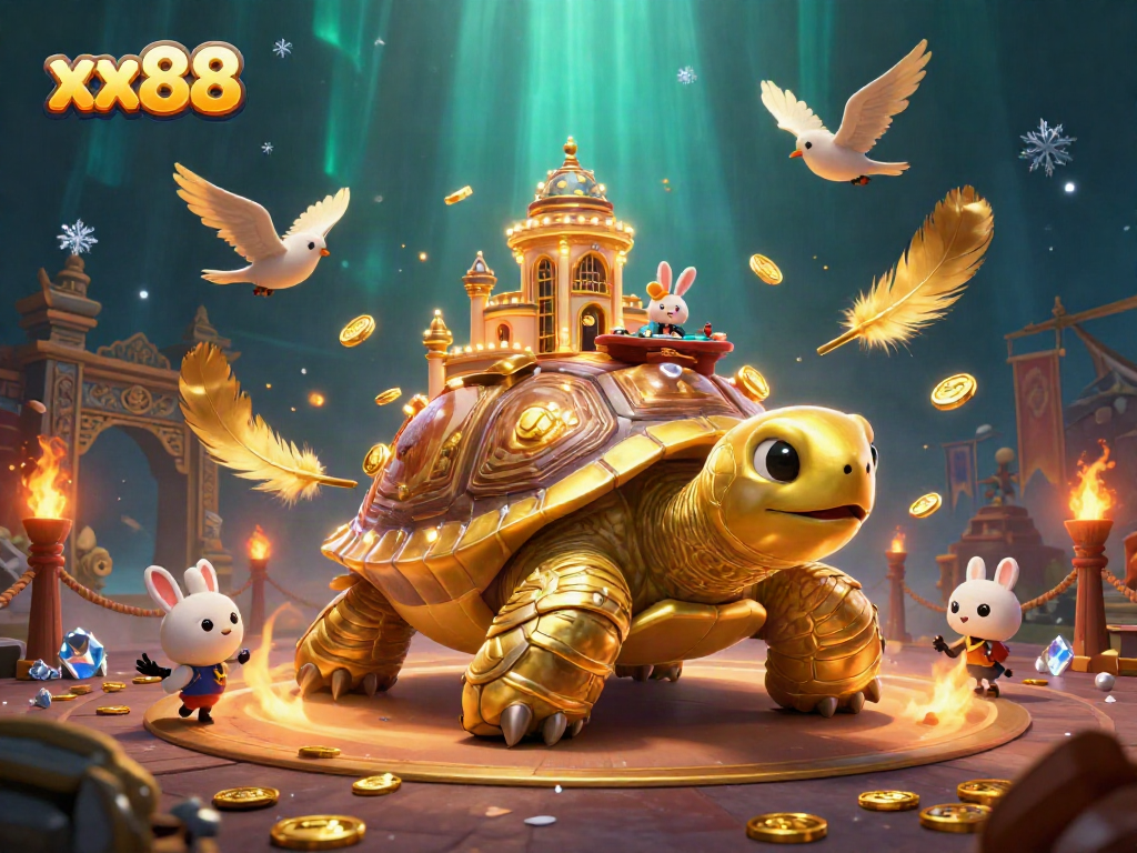 Engage with the excitement of xx88 casino featuring a golden tortoise, dealer, and dynamic game elements.