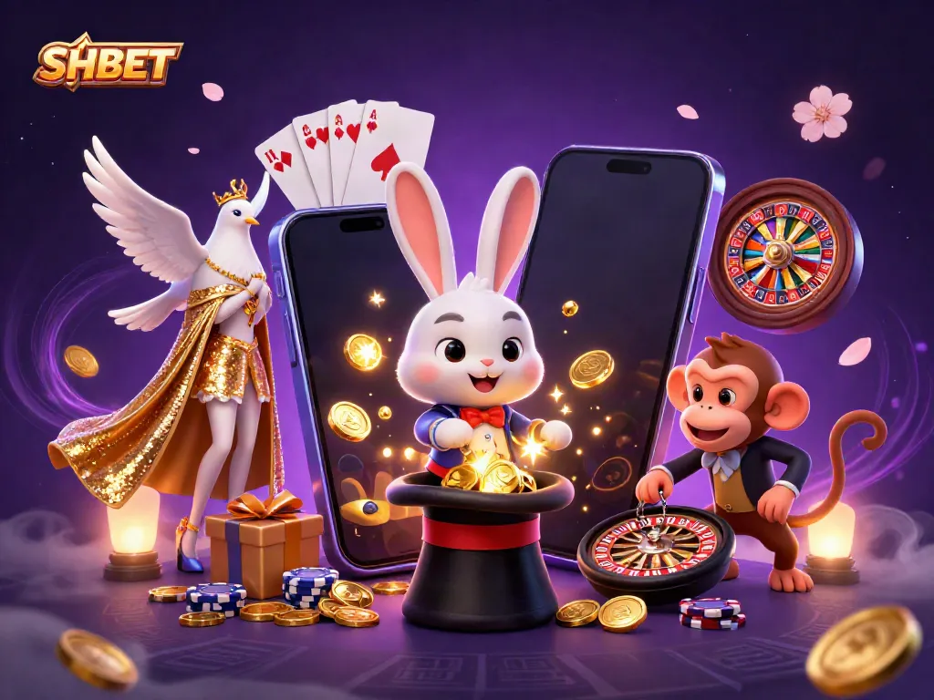 Immerse in SHBET's magical casino world featuring a rabbit magician, sparkling coins, and playful elements.