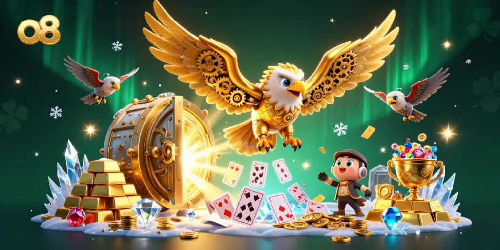 Experience thrilling gameplay at O8 with a vibrant 3D casino scene showcasing gold treasures and playing cards.