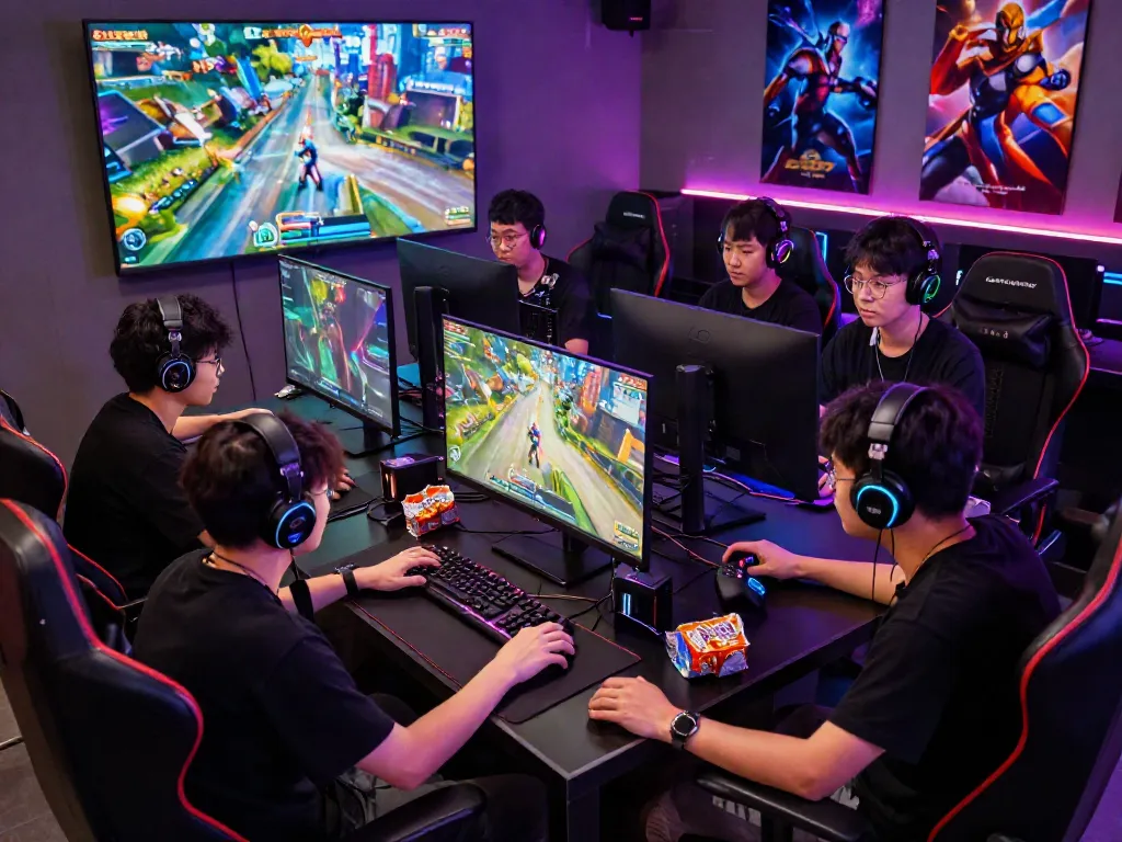 Exciting garuda404 gaming lounge scene with diverse players engaged in competitive play.