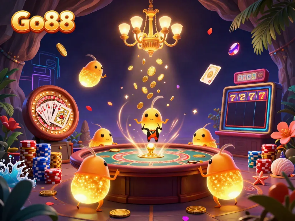 Experience the excitement of Go88 with vibrant glowworms illuminating a dynamic casino scene.