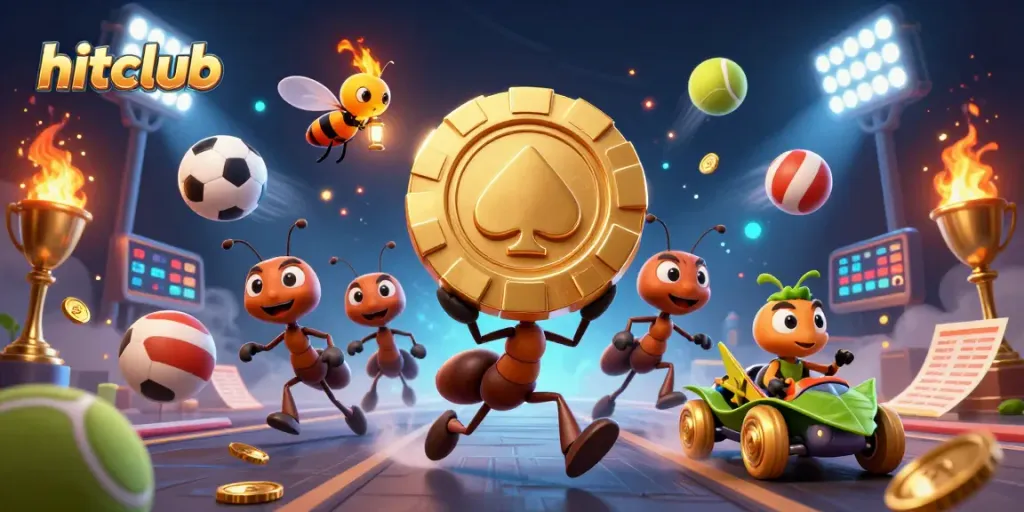 Experience the excitement of Hitclub's thrilling heist with ants carrying a giant poker chip!