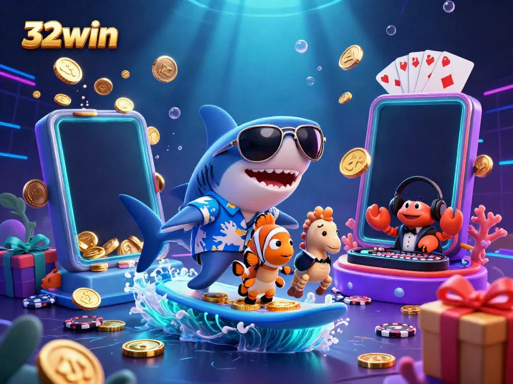 Engage in thrilling gambling with 32win's vibrant underwater casino scene featuring animated characters and games.