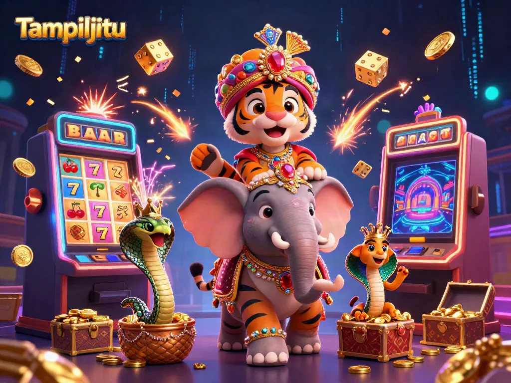 Tampiljitu showcases an enchanting 3D illustration with an Indian maharaja tiger, elephant, and cobra amidst vibrant slot game elements.