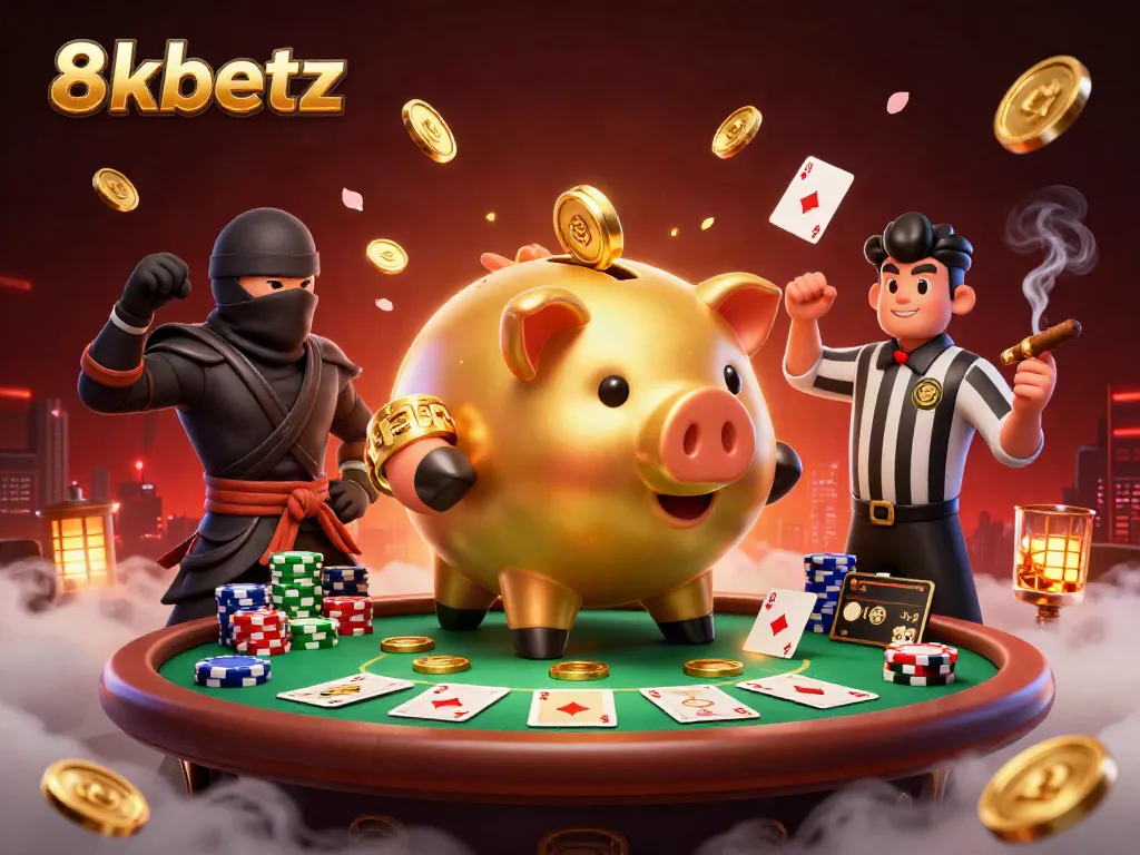 Engage with 8xbetz gaming energy featuring a vibrant scene with a sumo wrestler and poker elements.