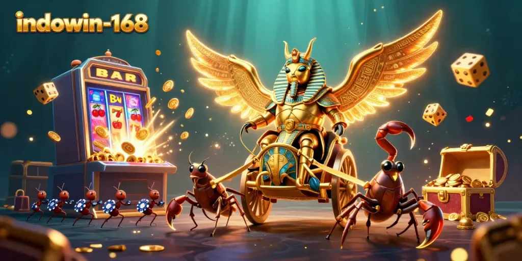 Tampilkan jackpot memukau indowin-168 dengan bug harta karun dan karakter karnaval yang menggembirakan.
