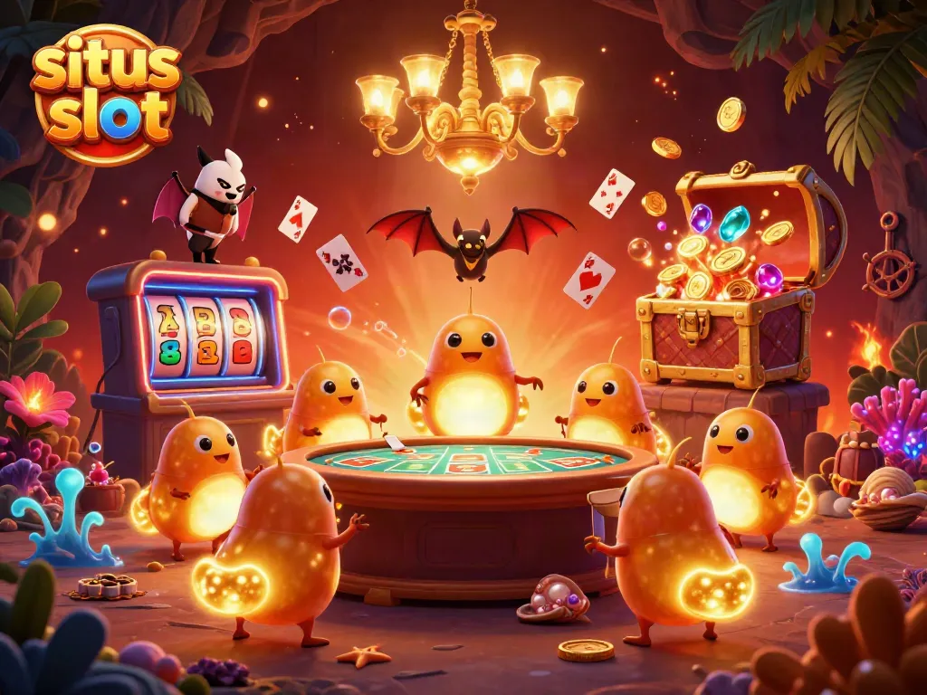 Experience the excitement of situs slot with vibrant glowworms lighting up a dynamic cave casino scene.