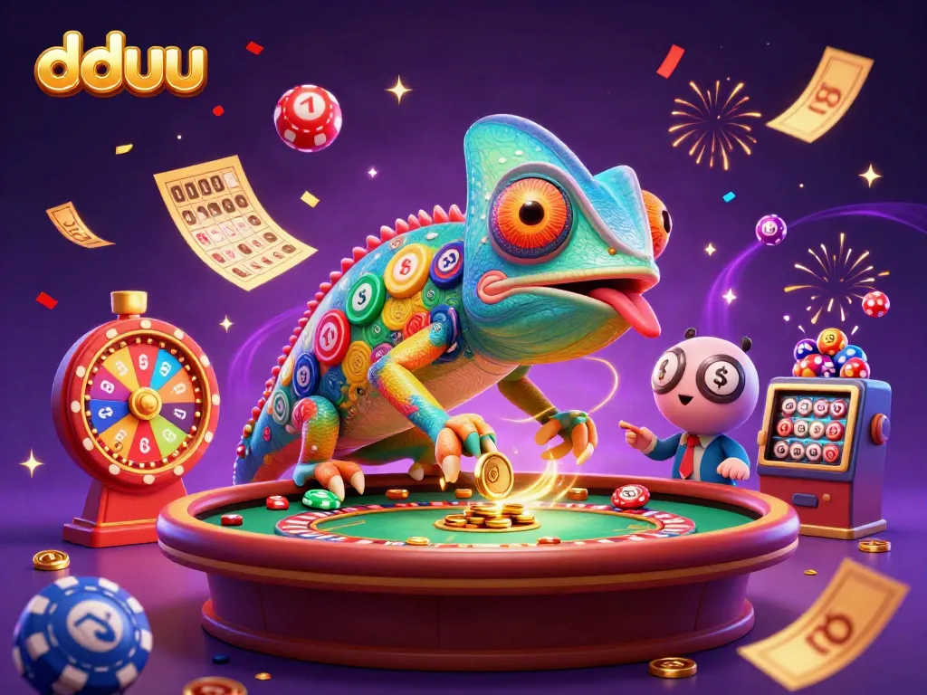 Experience vibrant gameplay at dduu with a whimsical chameleon casino owner and colorful gaming elements.