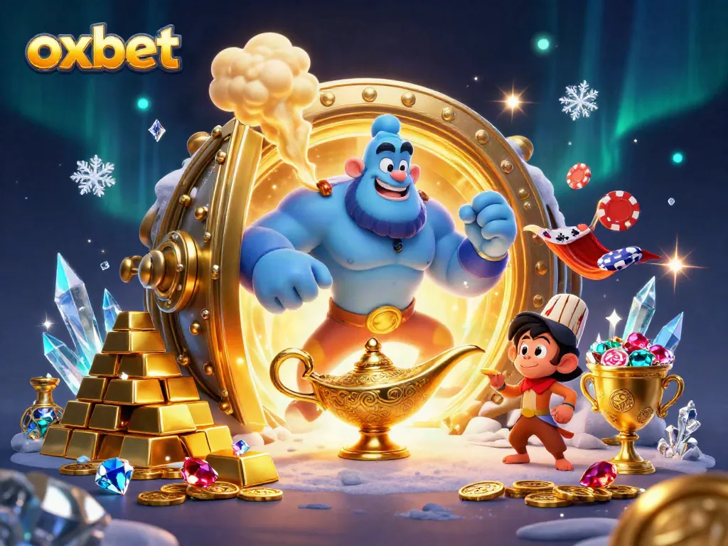 Experience exciting gaming at OXBET with the genie offering treasures and poker chips in a dazzling casino setting.