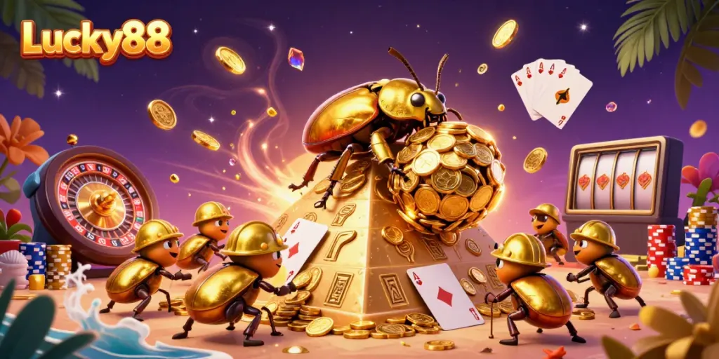 Join the adventure at Lucky88 with a golden beetle rolling coins and vibrant casino symbols.