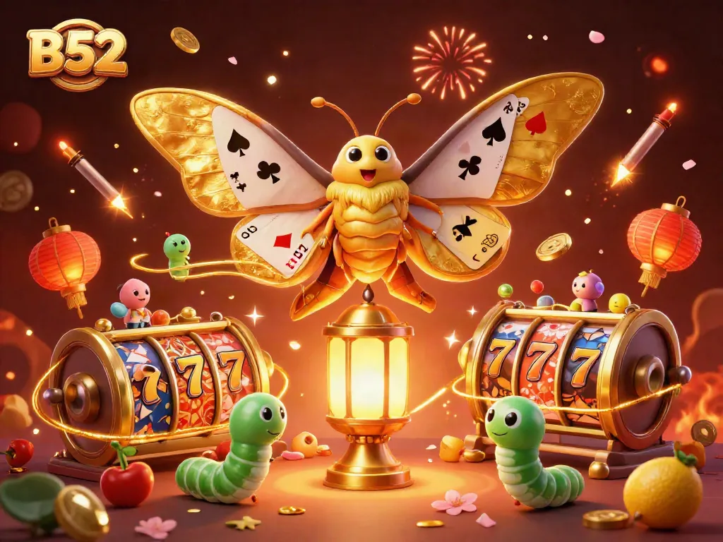 B52 players enjoy spinning slot reels adorned with vibrant, golden moths in a festive casino scene.
