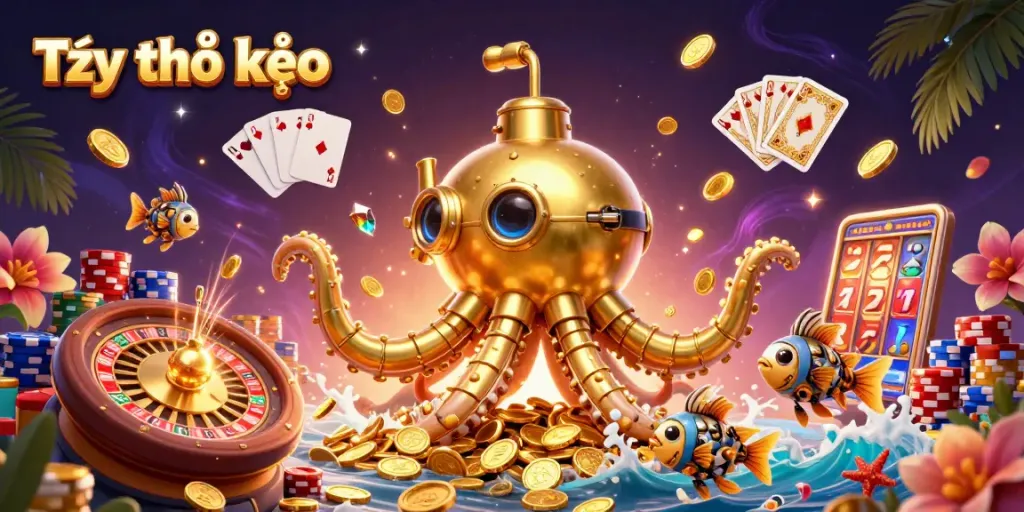 Experience Tỷ lệ kèo dynamics with colorful casino elements and a captivating kraken submarine scene.
