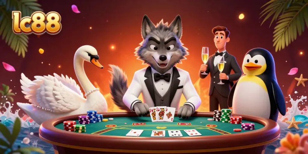 Experience the thrill of lc88 casino gaming with a debonair wolf, elegant swan, and sophisticated penguin.
