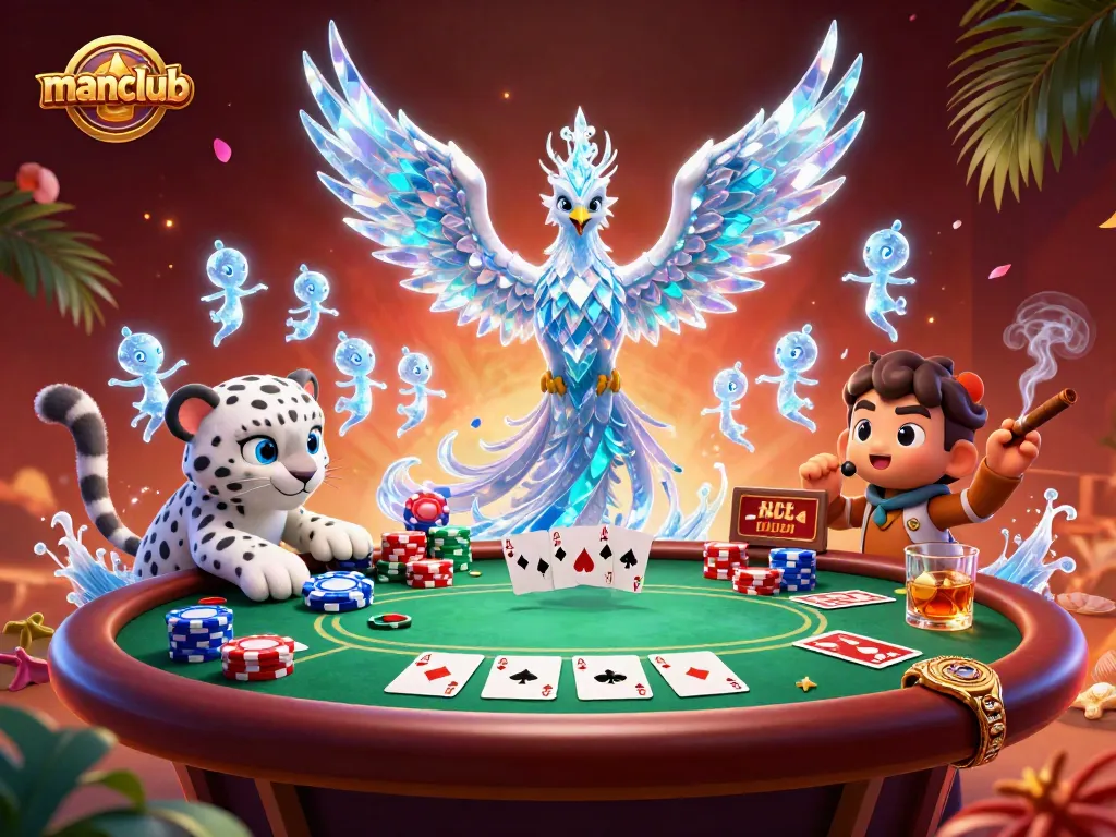 Experience the thrill of gaming at Manclub with a vibrant poker scene featuring mystical elements and interactive characters.