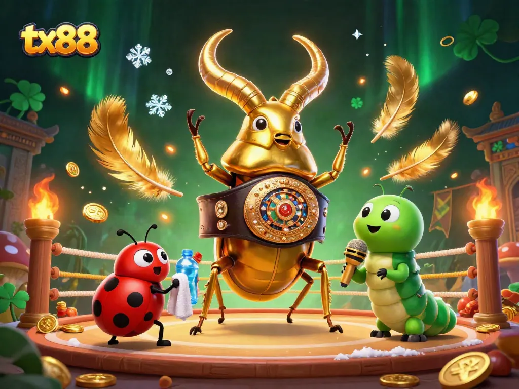 Engaging tx88 casino illustration of a golden stag beetle and friends in action.
