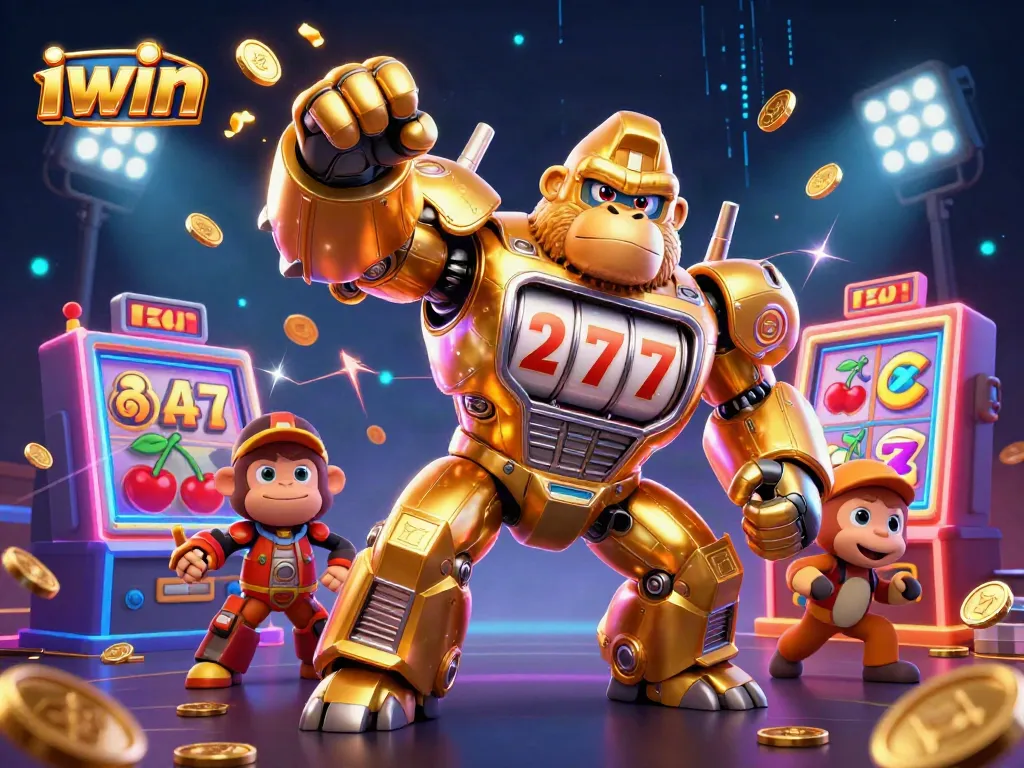 Join the excitement at iwin with a golden gorilla mech from a slot machine, bursting with coins!