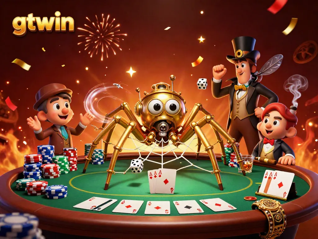 Engage in thrilling action with gtwin as a golden spider captures dice in a vibrant casino scene.