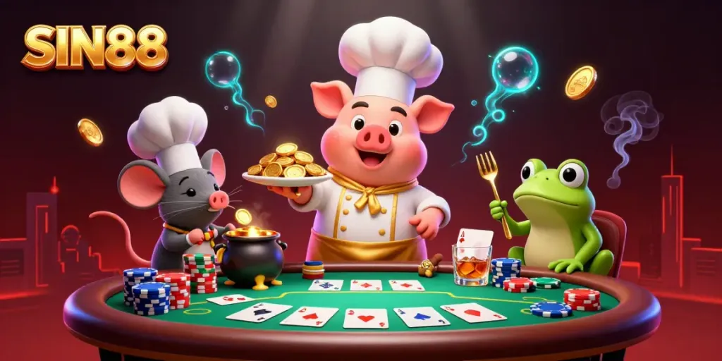 SIN88 offers an entertaining casino experience with vibrant characters and golden treasures, capturing the excitement of gaming.
