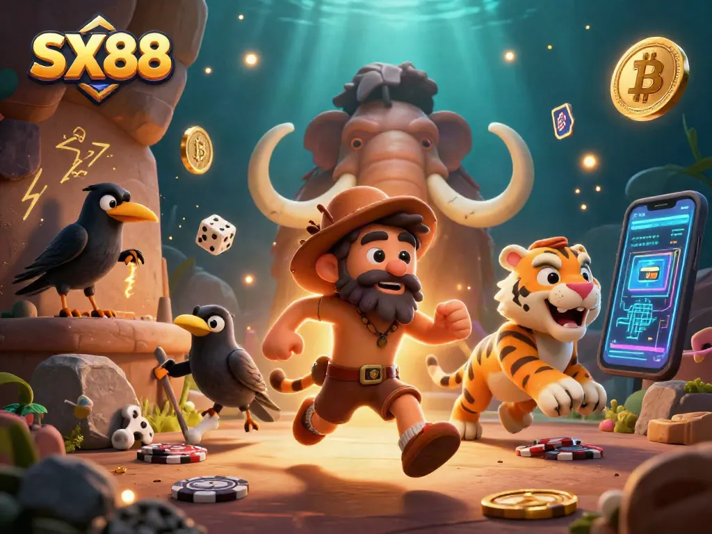 SX88 caveman and sabertooth tiger collaborating in a vibrant prehistoric casino scene