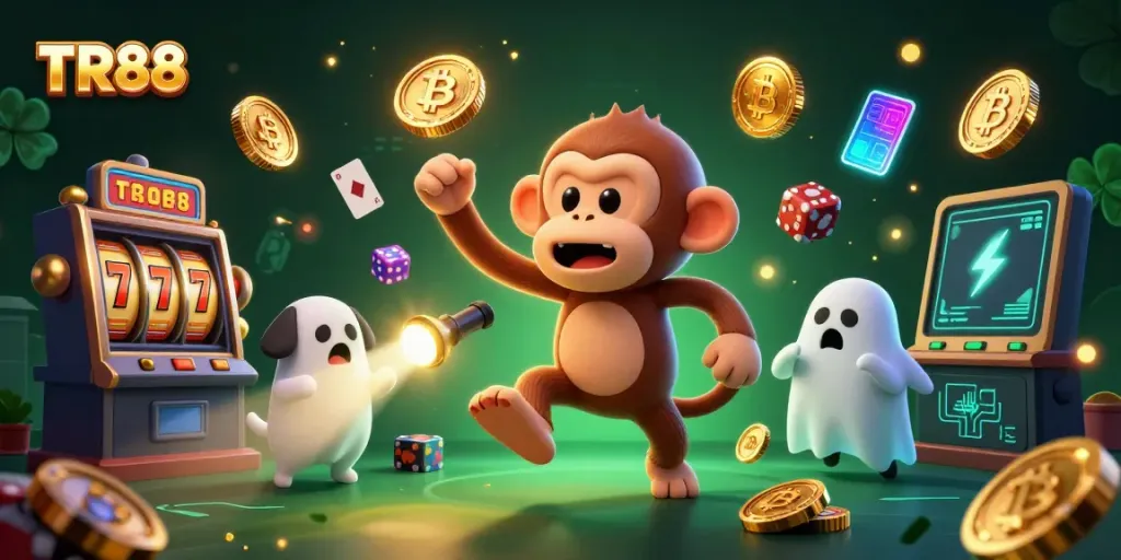 Experience the thrill of TR88 Casino with a playful ghost and golden treasures in a haunted setting